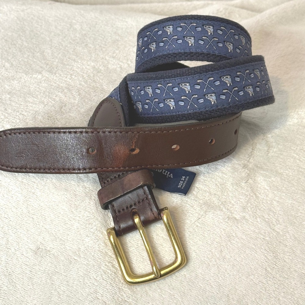 Vineyard Vines Hockey Belt Mens 34 Blue Canvas Leather Skates Sticks Made in USA
